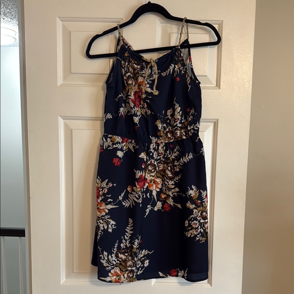 SHEIN Navy Floral Mini Dress with Gold Straps